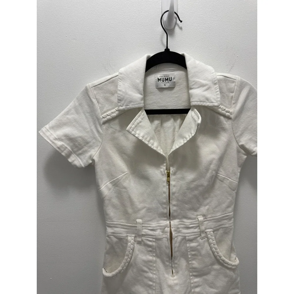 Show Me Your Mumu Outlaw Romper Pearly White Denim Short Sleeve Utility Small